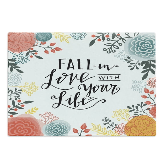 Saying Cutting Board, Fall in Love with Your Life Lettering with Botanical Frame, Decorative Tempered Glass Cutting and Serving Board, in 3 Sizes, by Ambesonne