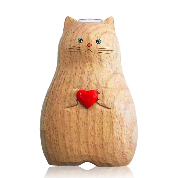 Wartleves Jarrón de madera hecho a mano con forma de gato, estatua de gato de resina similar a la madera, florero con forma de corazón, lindos jarrones pequeños con forma de gato, decoración del hogar