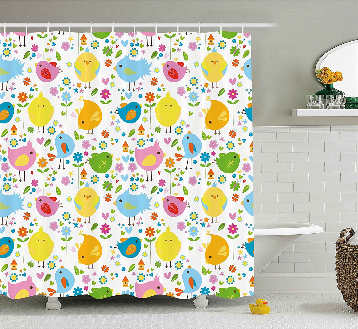 Kids Shower Curtain by , Colorful Cute Spring Birds With Flowers ...