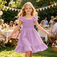 thumbnail image 2 of Bysome Kids Girls Dress Solid Color Flutter Sleeve Square Neck Pleated Summer Breathable Toddler Girls Dresses Size 9-10 Years Purple, 2 of 7