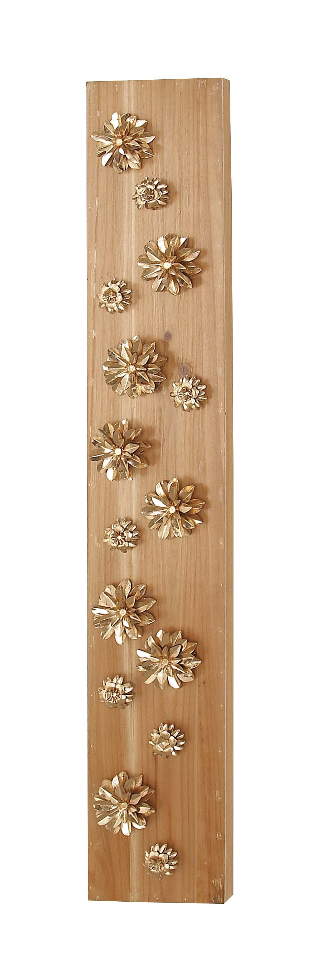 Decmode 55 X 9 Inch Natural Wood And Metal Light Gold Petaled Flowers Rectangular Wall Decor, Metallic, Natural Wood
