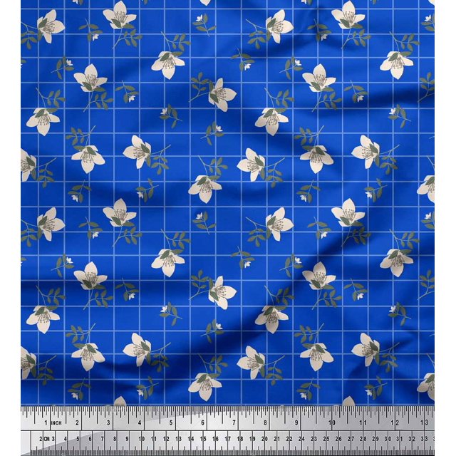Soimoi Blue Silk Fabric Check & Floral Print Fabric by Yard 42 Inch Wide