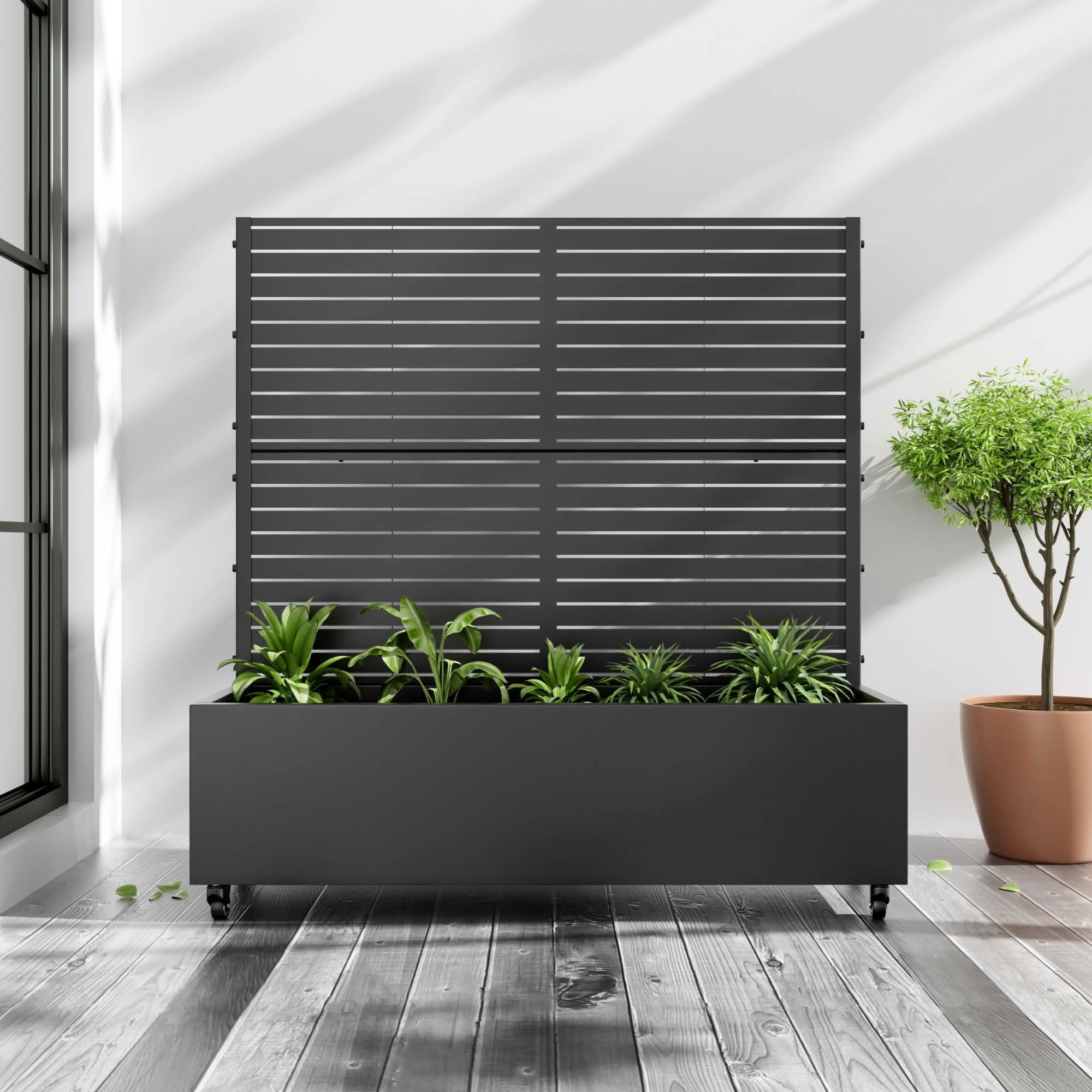 MAYEERTY 47x47x16 Inch Black Metal Rectangular Planter Box with Trellis, 3 Piece Set for Outdoor Garden & Patio
