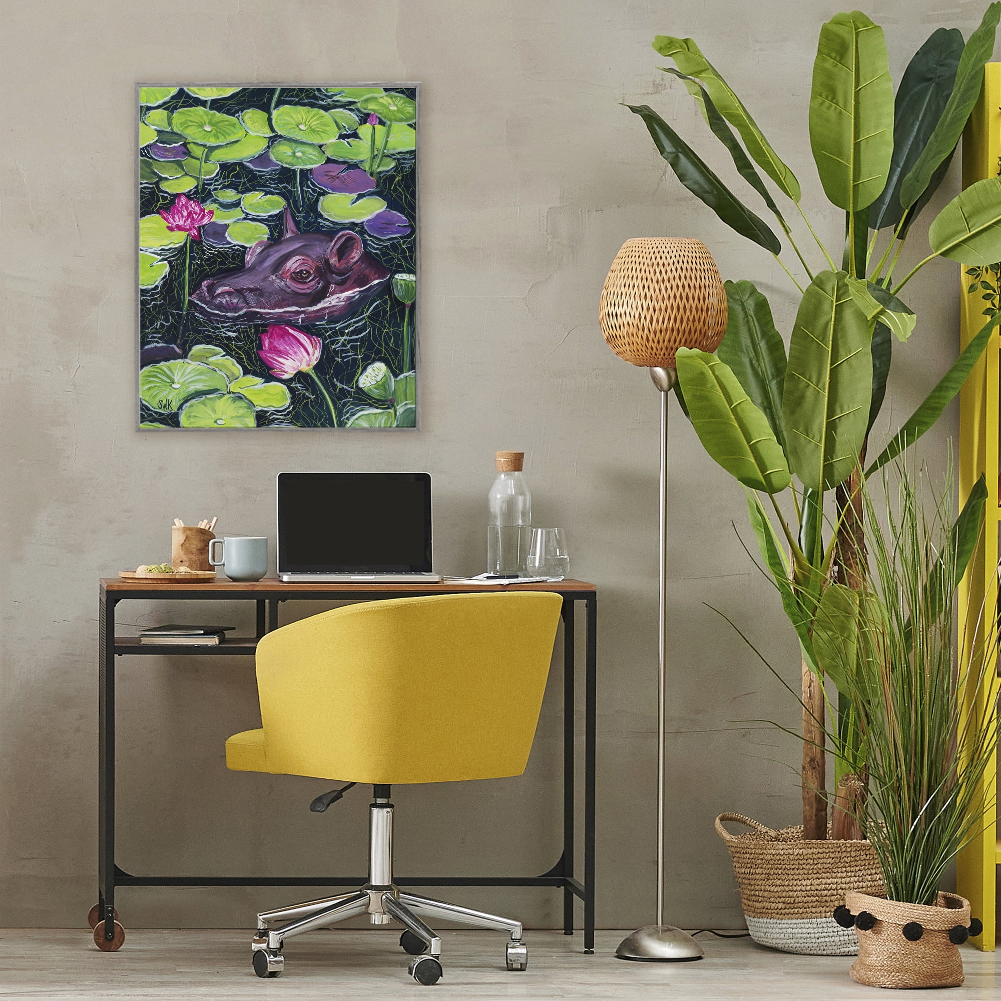 Stupell Industries Hippo & Blossoms Pond Gray Framed Giclee Art, design by Sarah Waldron Kimball