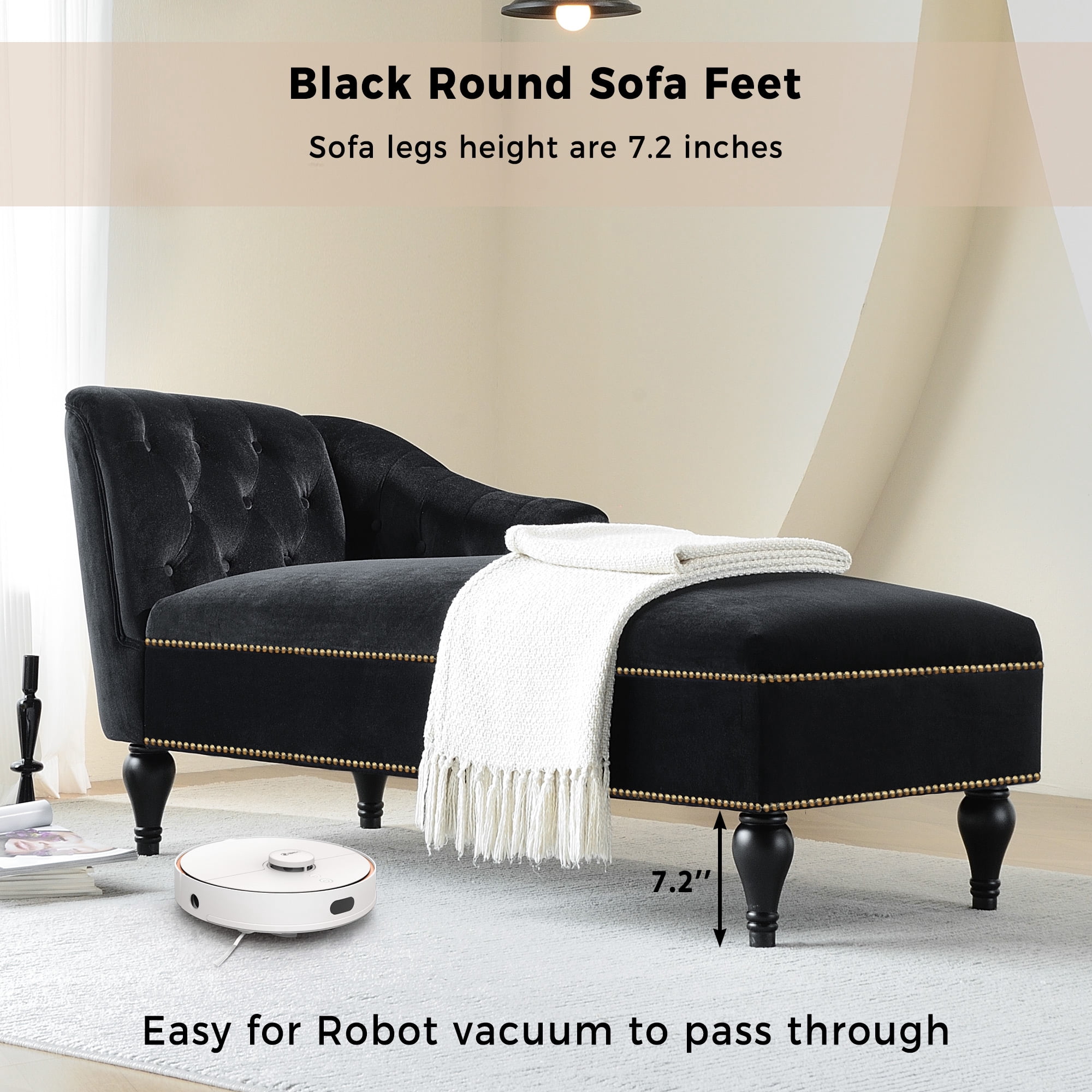 58" Velvet Chaise Lounge, Right Arm Facing Lounge Chair with Nailhead Trim for Living Room, Sleeper Lounge Sofa, Black