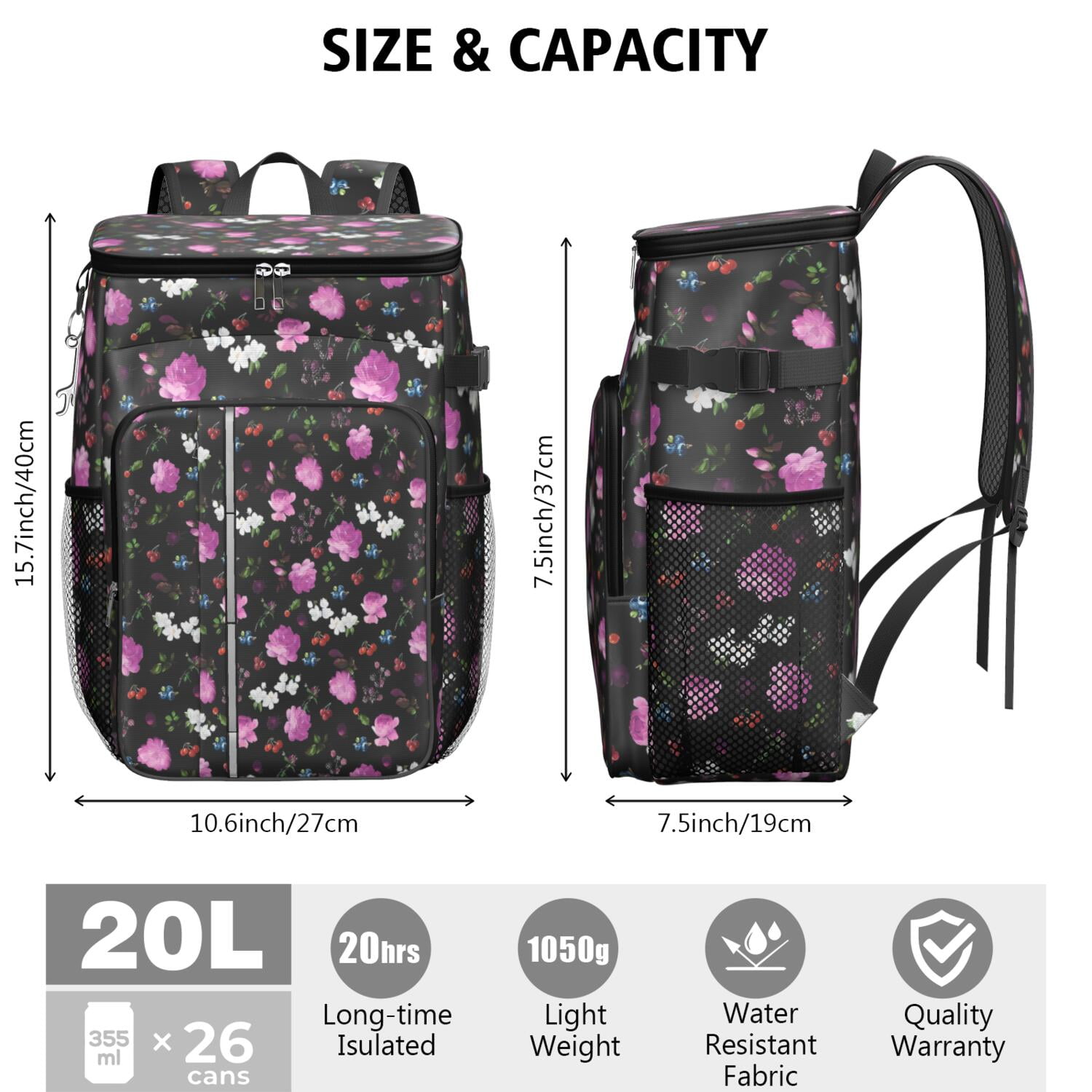 Travel Cooler Bag - Pioneer Flower Floral Print Pattern Camping Beer Cooler Backpack with Bottle Opener- Waterproof Insulated Picnic Backpacks - Cooler Bag for Beach