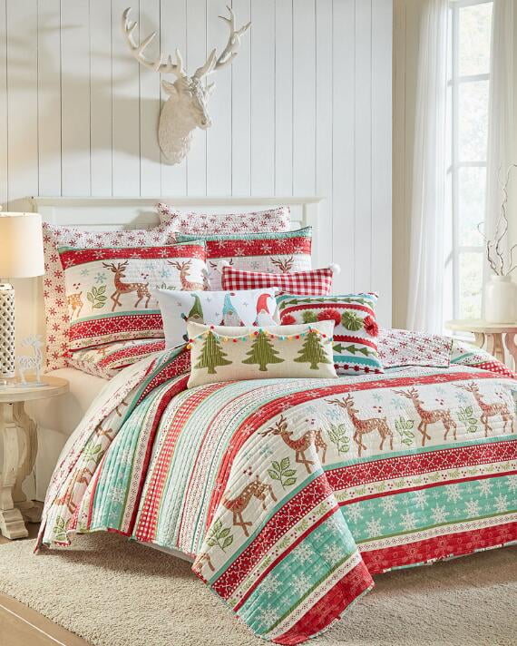Oliven Red Gray Christmas Reindeer Bedding Bedspread Full/Queen Size Lightweight Thin Portable Quilts Set Moose Snowflake Xmas Coverlet Blanket Bed Cover with 2 Standard Pillowcases