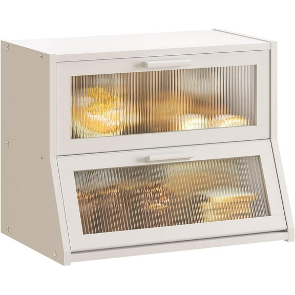 Double Layer Bamboo Bread Box for Kitchen Counter,Large Capacity Bread Storage Bin,Bread Container with Acrylic Wavy Door Panel (White, Medium)