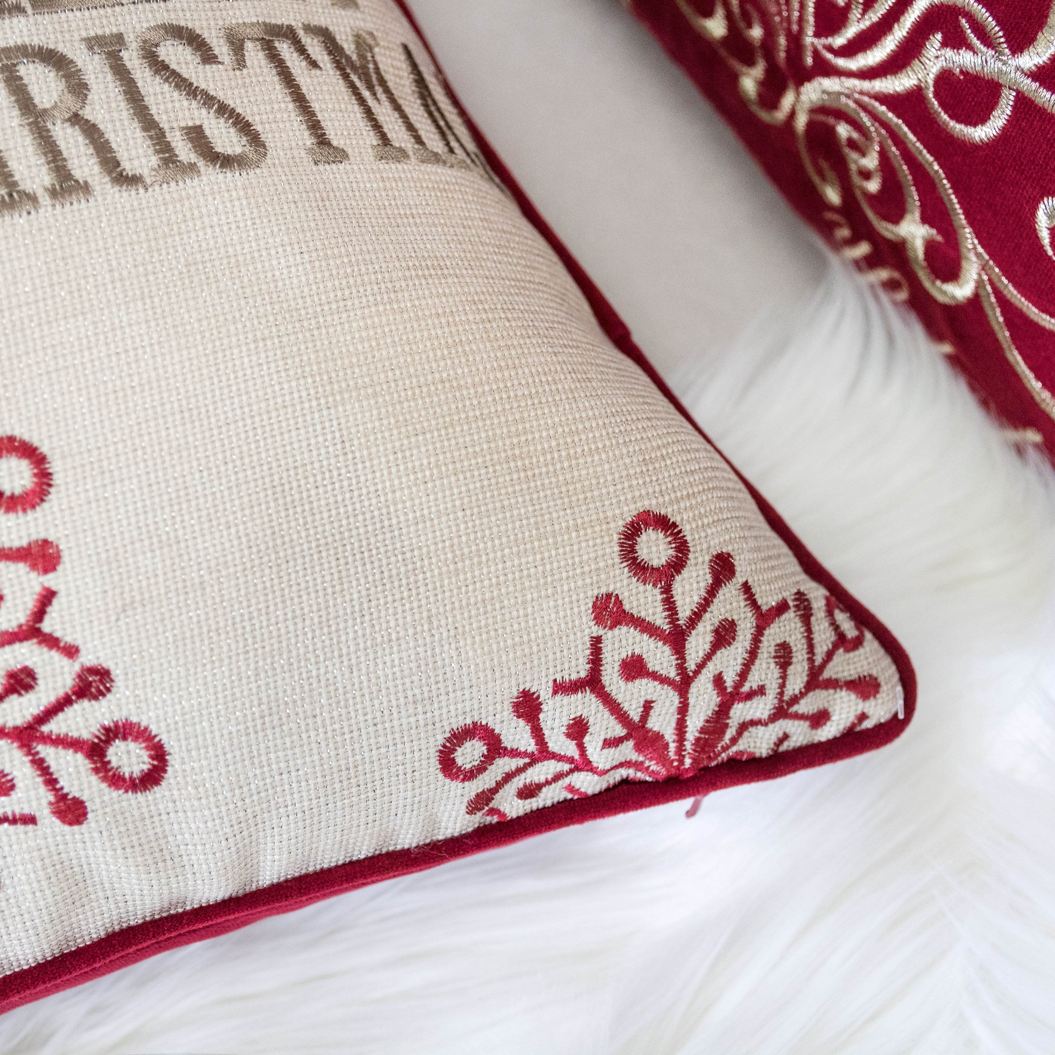 Merry Christmas Embroidered Throw Pillow with Reindeer Snowflakes Trees 20x20 Inch Holiday Decor