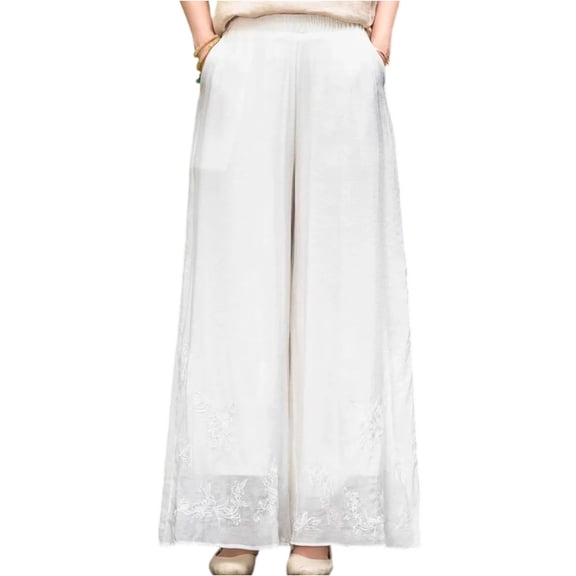 Lumtrix Wide Leg Linen Pants for Woman High Waisted Flowy Comfy Palazzo Pants Embroidery Graphic Work Trousers White XL