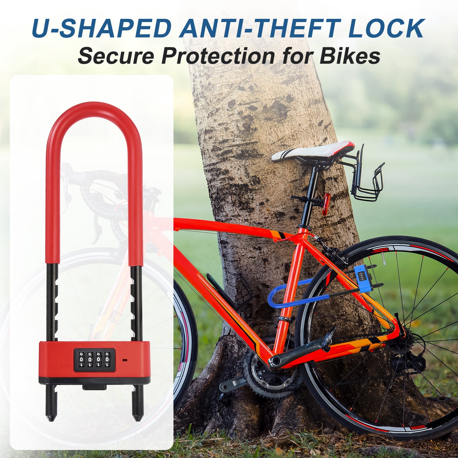 Uxcell 4 Digit Combination Padlock, Long Shackle Padlock - [6.42" - 10.24", Red], U-Shape Adjustable Shackle Lock for Bicycles Electric Bikes Mountain Bikes Glass Doors Gates