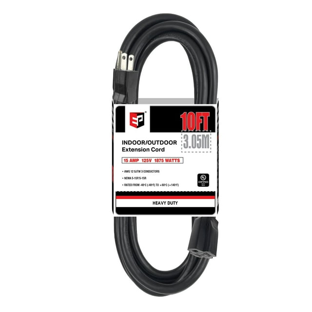 Cable de extensión para exteriores EP, 10 pies, 12/3, SJTW, resistente, negro