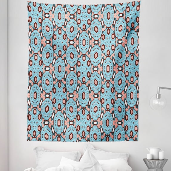 Floral Boho Tapestry, Ethic Motifs Polychromatic Pattern Blossoms Continuous Design of Art, Fabric Wall Hanging Decor for Bedroom Living Room Dorm, 5 Sizes, Pale Blue Teal Coral, by Ambesonne