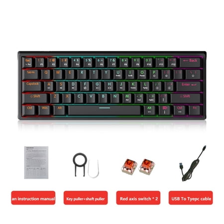 LOPNGLS MK61 USB Gaming Mechanical Keyboard Red 61 Keys Wired Detachable Cable RGB Backlit Hot Swappable