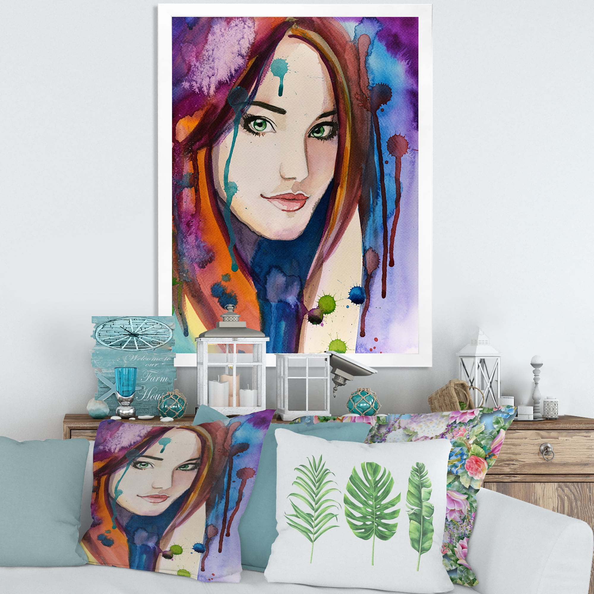 Designart 'Colorful Portrait Of Green Eyes Young Woman' Traditional Framed Art Print