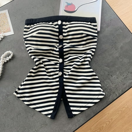 Strapless Tank Top for Women with Built in Bra Striped Off Shoulder Camisole Female Button Backless Split Camis Summer Dropship
