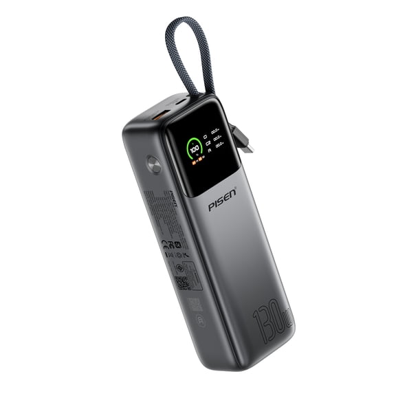 PISEN 20000mAh 3C Certified Power Bank, 130W Fast Charging Portable Charger with Built-in USB-C Cable, LED Display, Laptop Battery Pack for MacBook, iPhone, Samsung, Android Devices