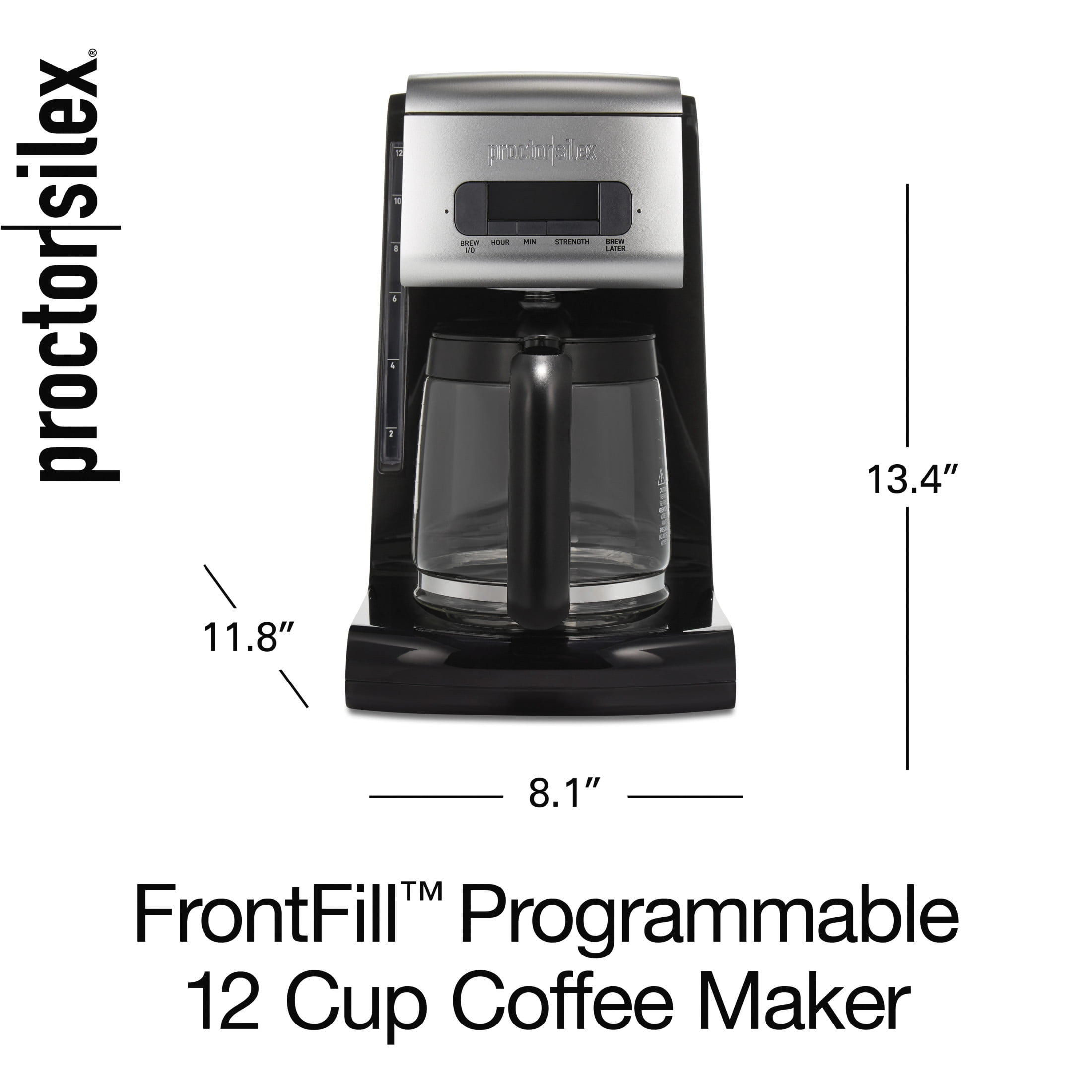 Proctor Silex Front Fill 12-Cup Programmable Drip Coffee Maker Machine with Glass Coffee Pot, Cafetera, Black