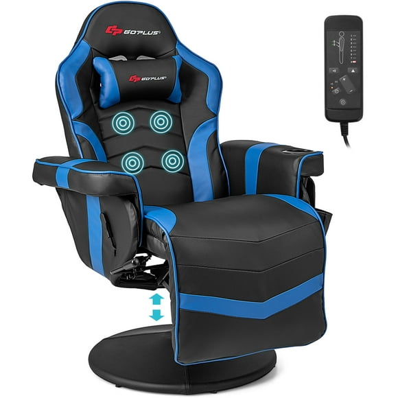 Goplus Massage Gaming Recliner Height Adjustable Racing Swivel Chair with Cup Holder Blue