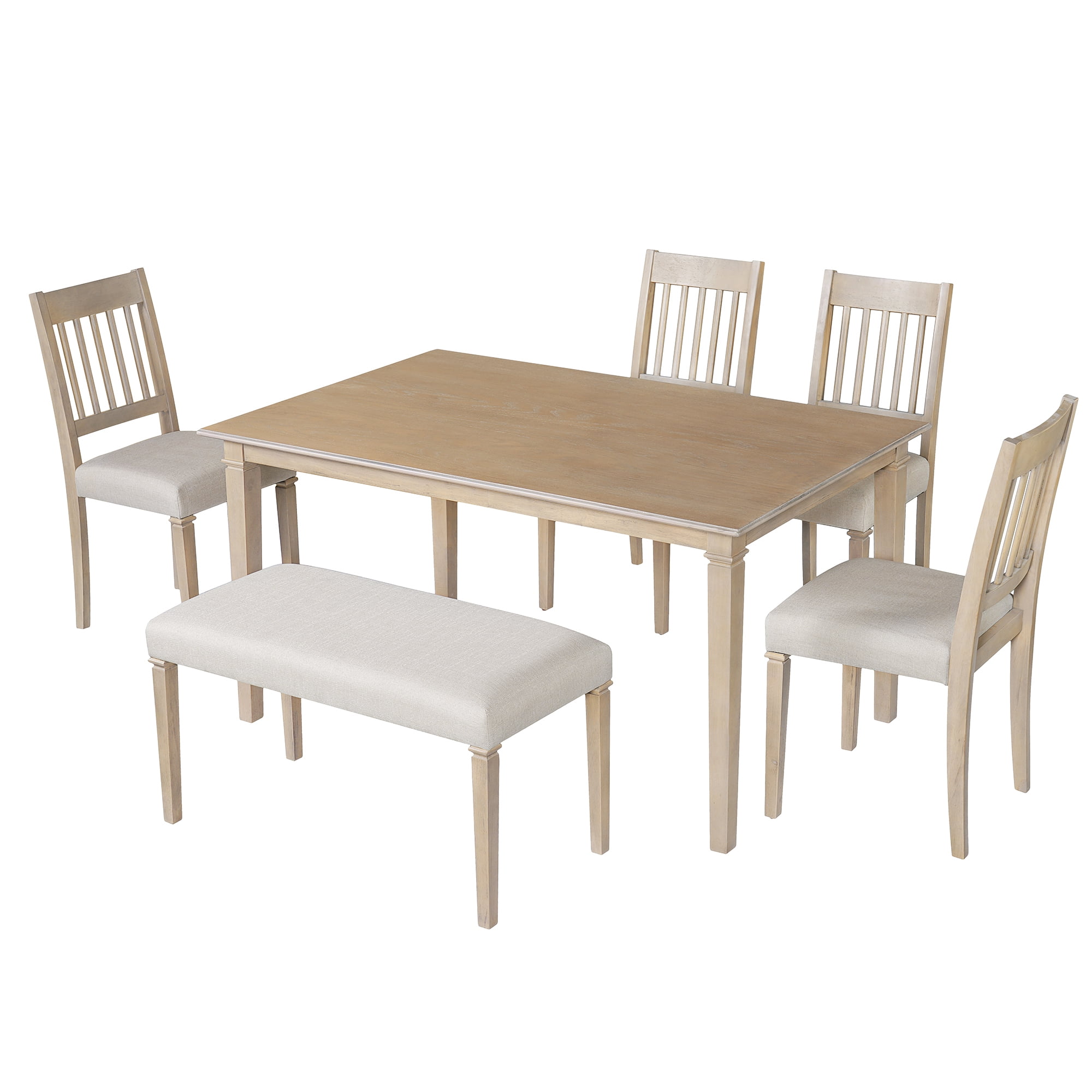 Euroco 6 Pieces Wood Dining Table Set with Bench,Retro Rectangular Table with 4 Upholstered Chairs & 1 Bench for Kitchen & Dining Room,Brown