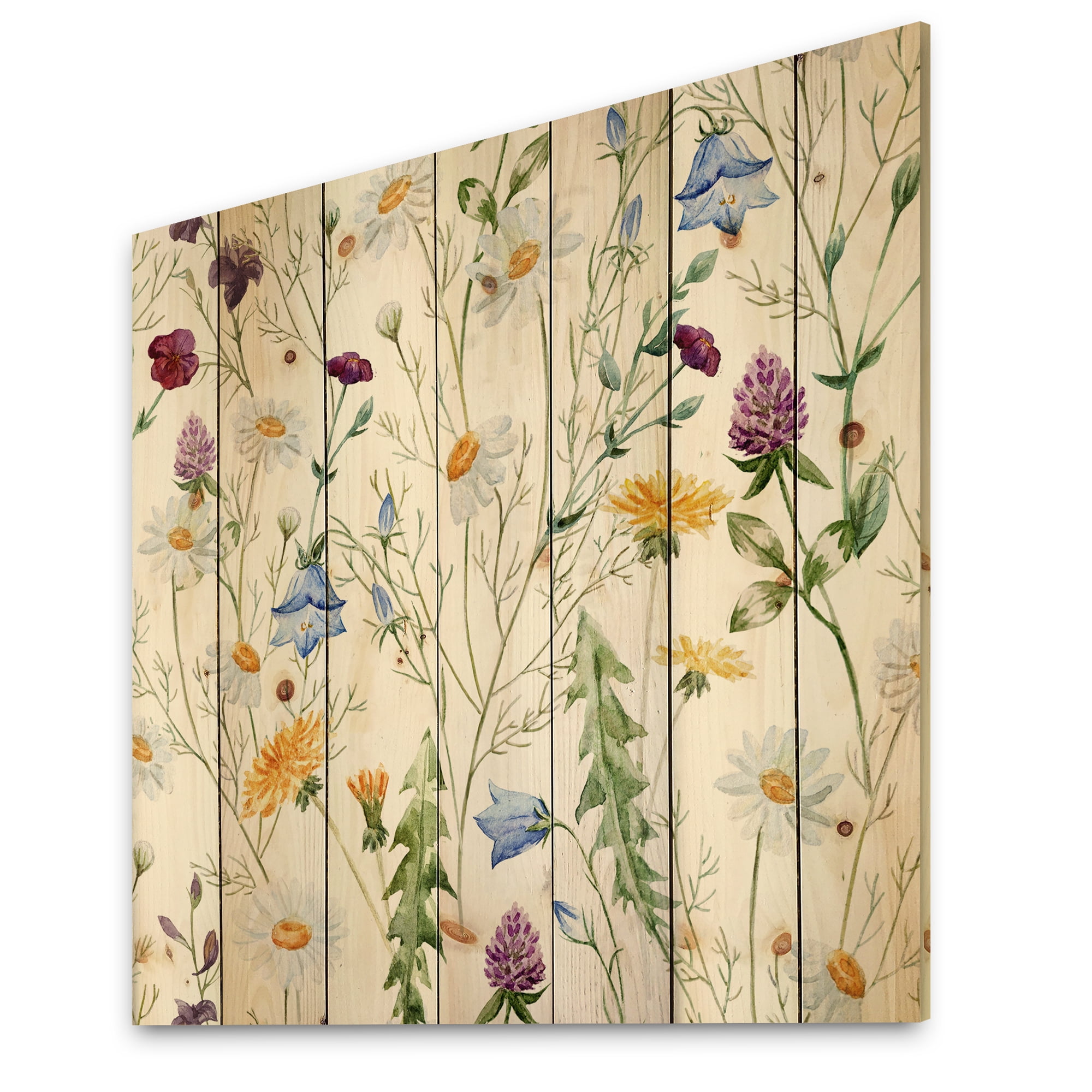 Designart 'Wildflowers Clover Bell and Chamomile III' Traditional Print on Natural Pine Wood