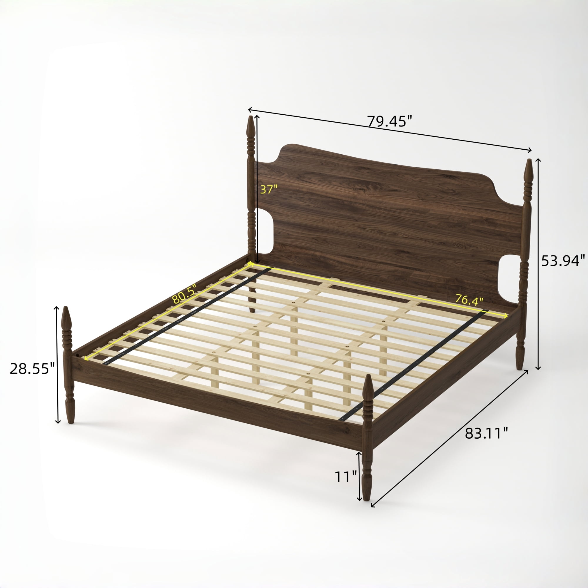 Leumius King Size Platform Bed Frame, Spindle Bed with Curved Tall Headboard, No Box Spring Needed, Retro Four Poster Bed for Teens Adults Walnut