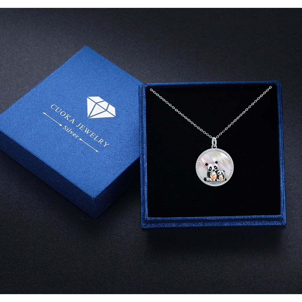 Cuoka Panda Necklace 925 Sterling Silver Pendant Necklaces Mother's Love for Parent and Jewelry 18K White Gold Plated Birthday Mother's Day Xmas Gift for Women Mom