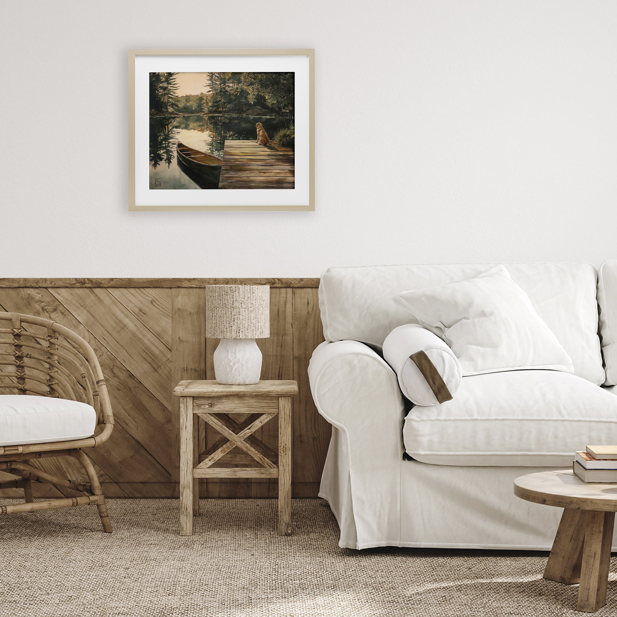 Lake Life at Sunset Birch Framed Print Under Glass, design by Sara Culpepper