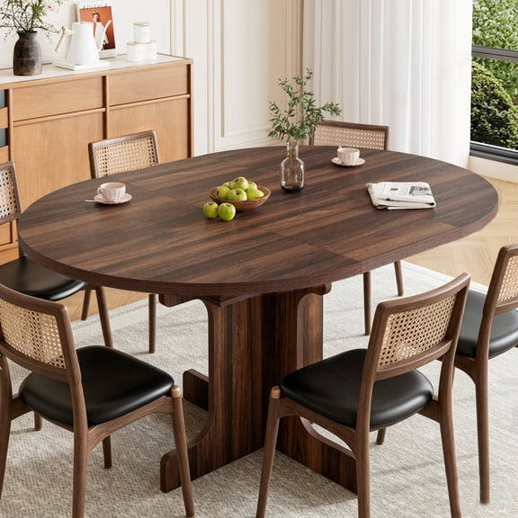Blotout 59" Extendable Round Dining Table for 4-6, Modern Round to Oval Dining Table with Storage, Wood Small Space Pedestal Table for Kitchen Dining Room