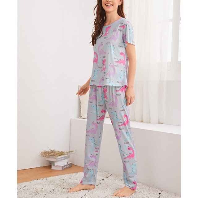 Pijamas de verano, ropa de dormir para mujer, ropa de dormir de cuello redondo para mujer, conjunto de pijamas con acabado de lujo