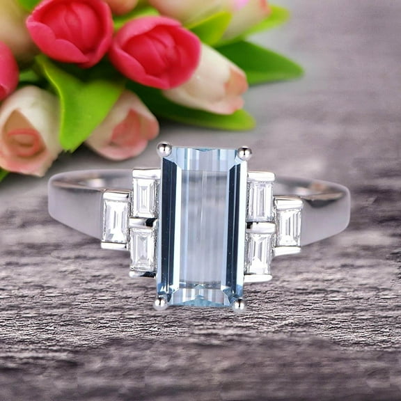 7x5mm Emerald Cut 1.50 Carat Aquamarine Engagement Ring Anniversary Gift in 10k White Gold
