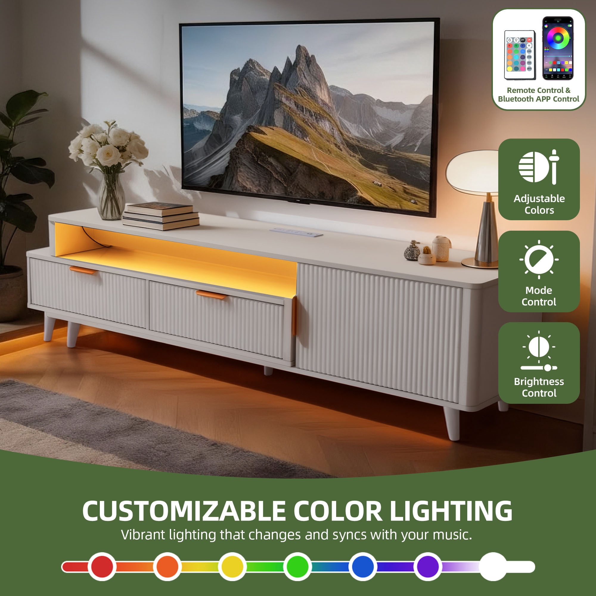 Uforic Extendable TV Stand for 100 Inch TV, Modern Fluted Entertainment Center with LED Light & Power Outlet, Freestanding Media Console with 1 Drawer & 2 Storage Cabinets, White