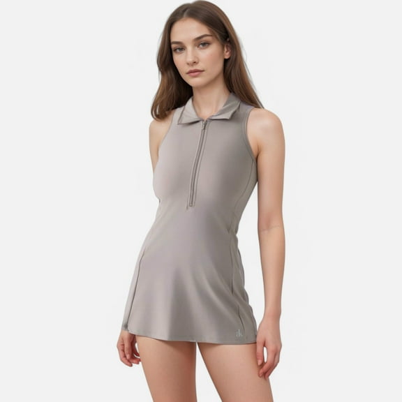 Active Women's Sleeveless Collared Sports Dress with Zip Front and Fitted Performance Design - Large, Beige