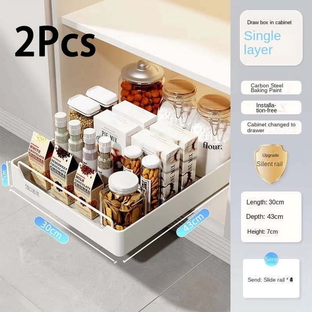 Nuevo estante de almacenamiento de cocina con rieles deslizantes, tipo cajonera extraíble, bandeja de almacenamiento, caja de especias, estante de almacenamiento, organizador de armarios