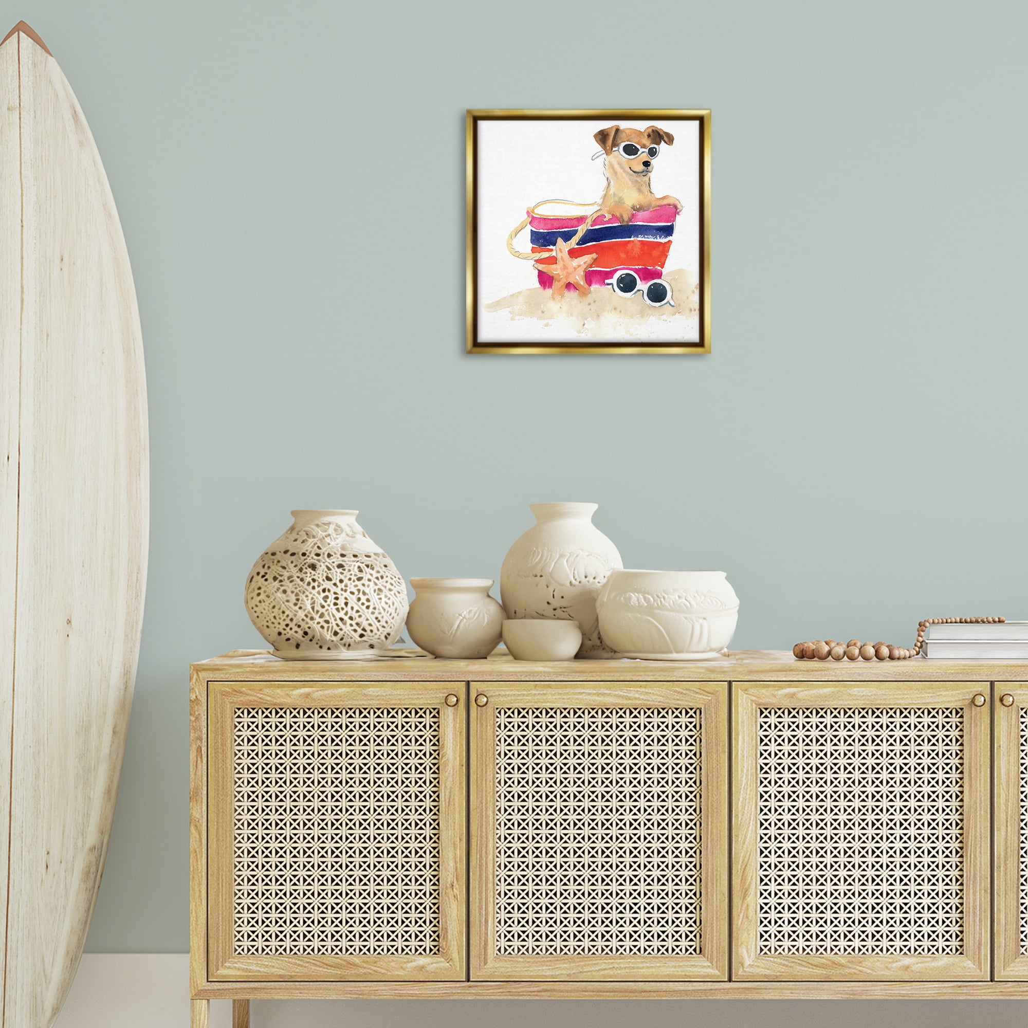 Stupell Industries Sandy Dog in Beach Bag Animals Painting Gold Floater Framed Canvas Art Print Wall Art, 18 x 18