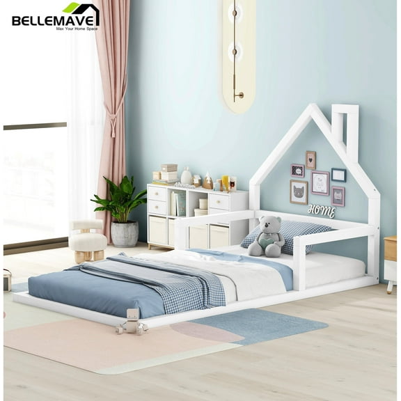 Bellemave Twin Size Wood Floor Bed with House-shaped Headboard Montessori Floor Bed with Rails and Wooden Slats, No Box Spring Needed, White