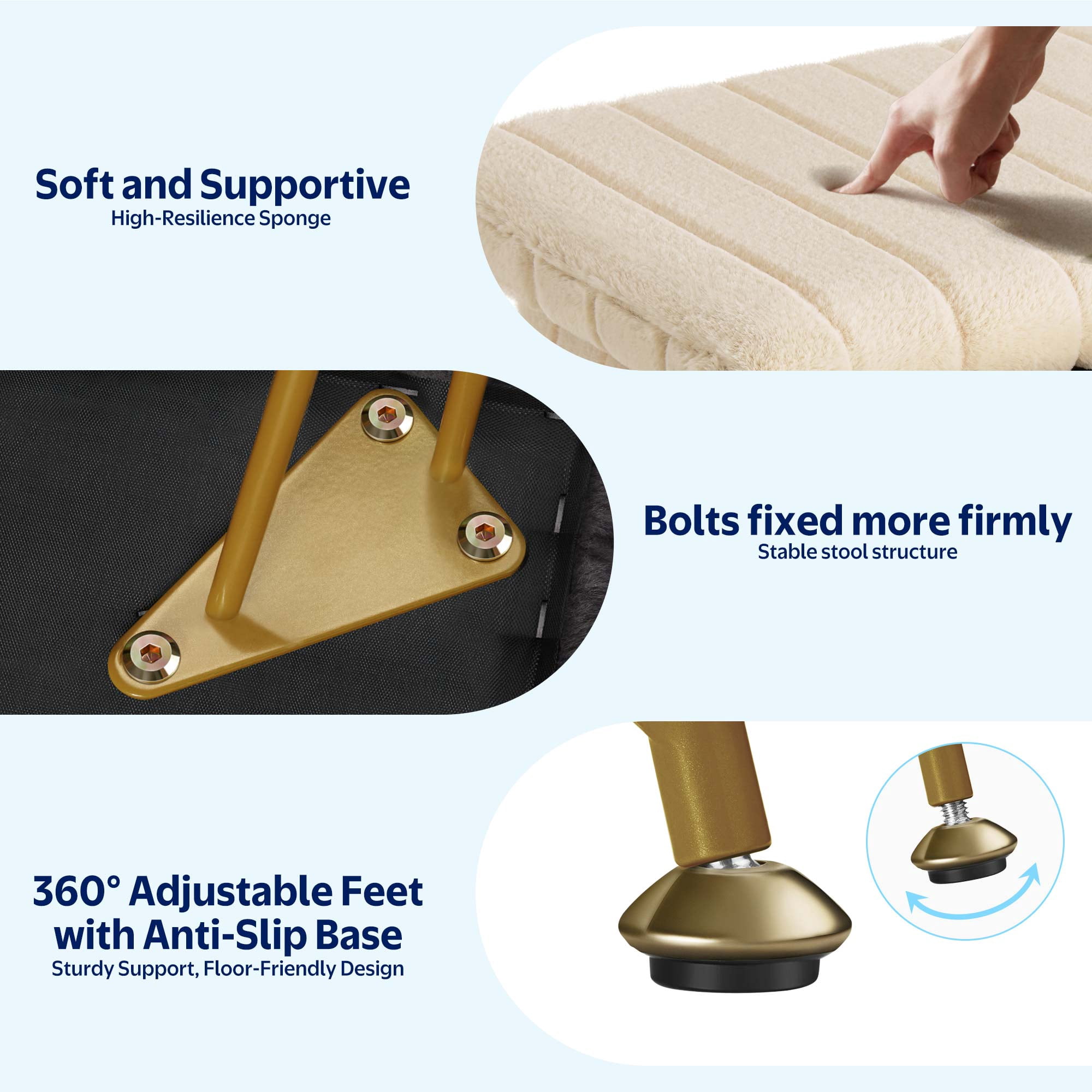 Greenstell Footstools Ottoman Bench with Storage, 15.5”L x 11.6”W x 19.2”H Vanity Faux Fur Padded Stool with Coffee Table Padded Seat and Adjustable Feet for Makeup Bedroom Entryway, Camel