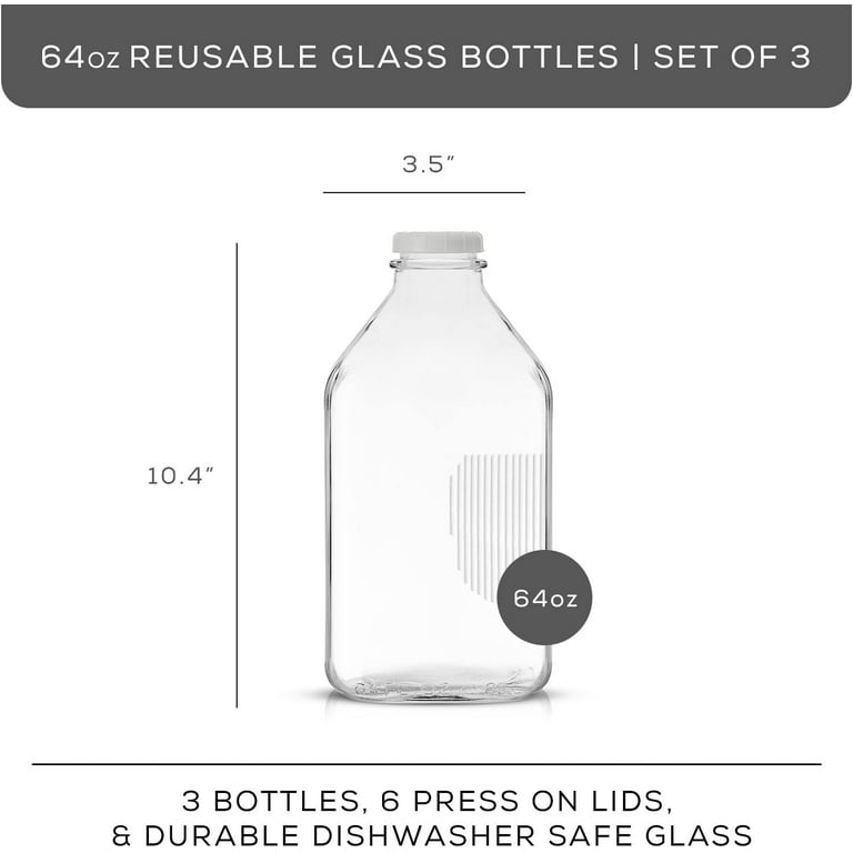 JoyJolt Reusable Glass Milk Bottle with Lid & Pourer - 64 oz Water or Juice  Bottles with Caps - Set of 3