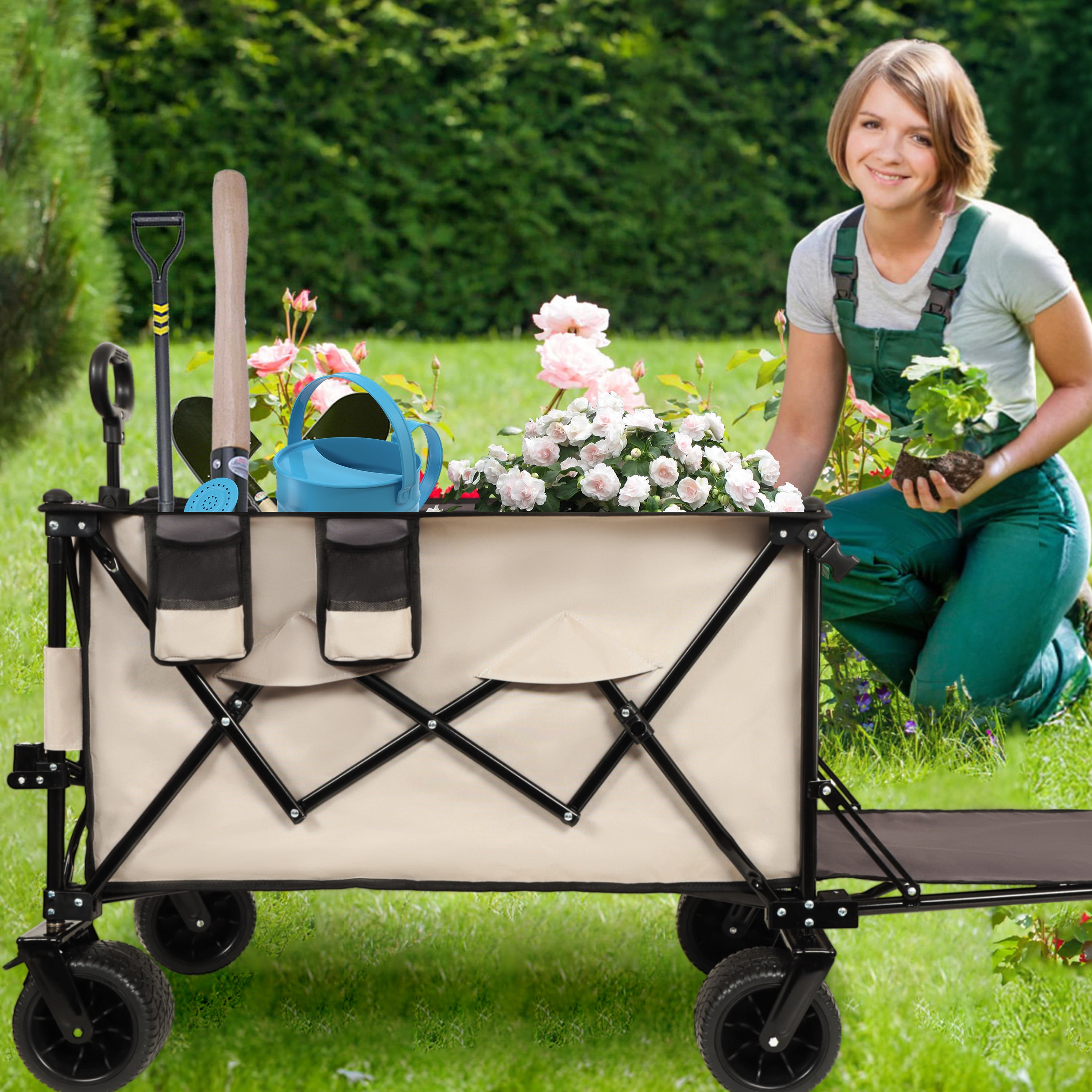 Yoneston 480LBS Collapsible Wagon Cart with Extended Tailgate, Portable Adjustable Designed Heavy Duty Extender Wagon for Camping, Picinc, Shopping, Beach, Grocery Transport, Gray