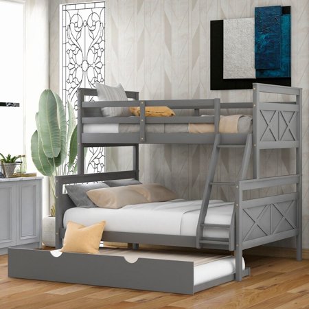 Solid Wood Twin Over Full Bunk Bed with Ladder and Trundle Grey