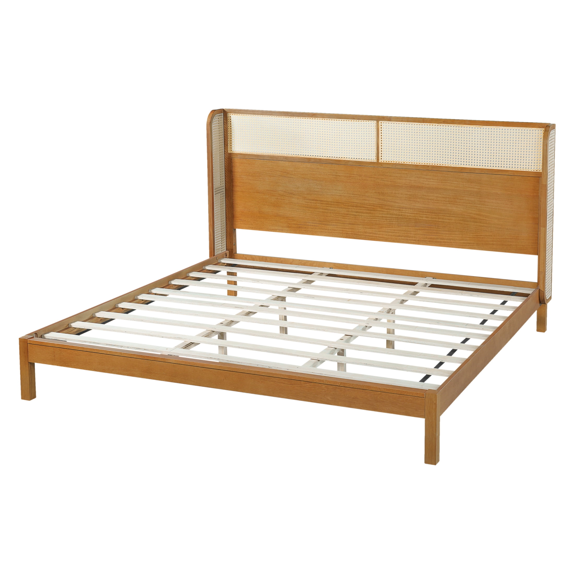 Christopher Knight Home King Platform Bed with Rattan Headboard, Solid Wood Frame, Natural Finish, King Size