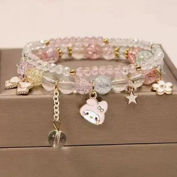 Kawaii Bracelets Kuromi Cinnamoroll Crystal Beads Bracelet Set Cute Cartoon Elastic Beaded Pearl Bracelets Jewelry for Women Girls Friendship Christmas Stocking Stuffers for Women