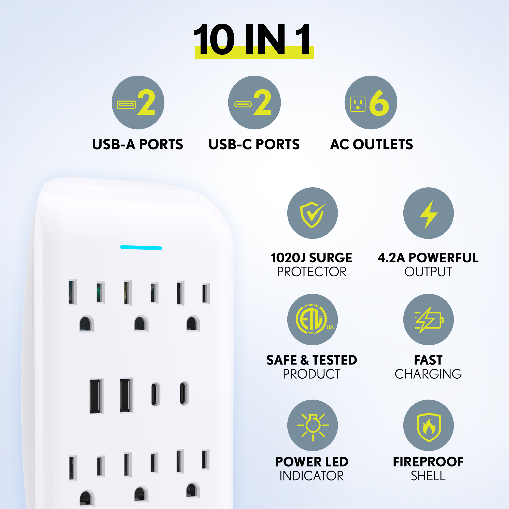 Overtime Outlet Extender 6 Ac And 4 Usb Ports 1200j Surge Protector Etl Certified 3437