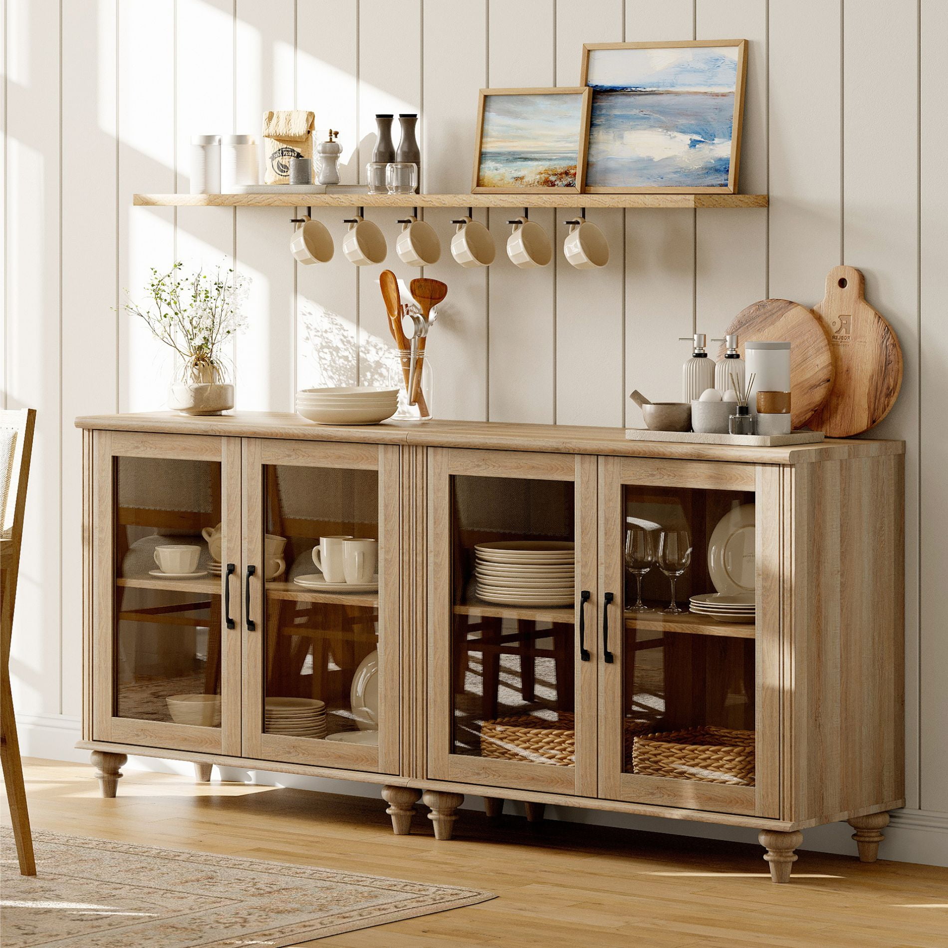 Oak Buffet Cabinet with 4 Glass Doors, Kitchen Storage Cabinets with Adjustable Shelf, 68 inch