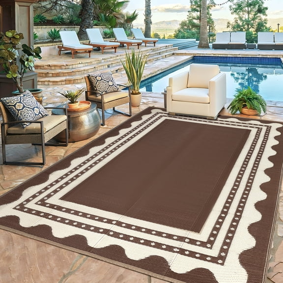 GlowSol 8x10 Peony brown and coffee Outdoor Rug, PP Woven Water Resistant Modern Border Lightweight Indoor Patio Deck Camping Carpet