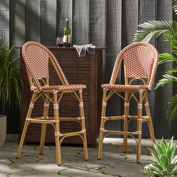Outdoor French Barstools 29.5'' PE Rattan Aluminum Frame (Set of 2) | Burgundy Red & Ivory | Aluminum & Wicker