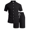 thumbnail image 4 of hotojiny Mens Summer Outfits 2 Piece Beach Vacation Set Plaid Short Sleeve Button down Shirts with Elastic Waist Shorts(Black,X-Large), 4 of 7