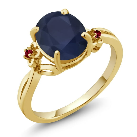 Gem Stone King 18K Yellow Gold Plated Silver Blue Sapphire and Red Created Ruby 3 Stone Ring for Women (3.03 Cttw, Oval 10X8MM, Gemstone September Birthstone, Size 5)