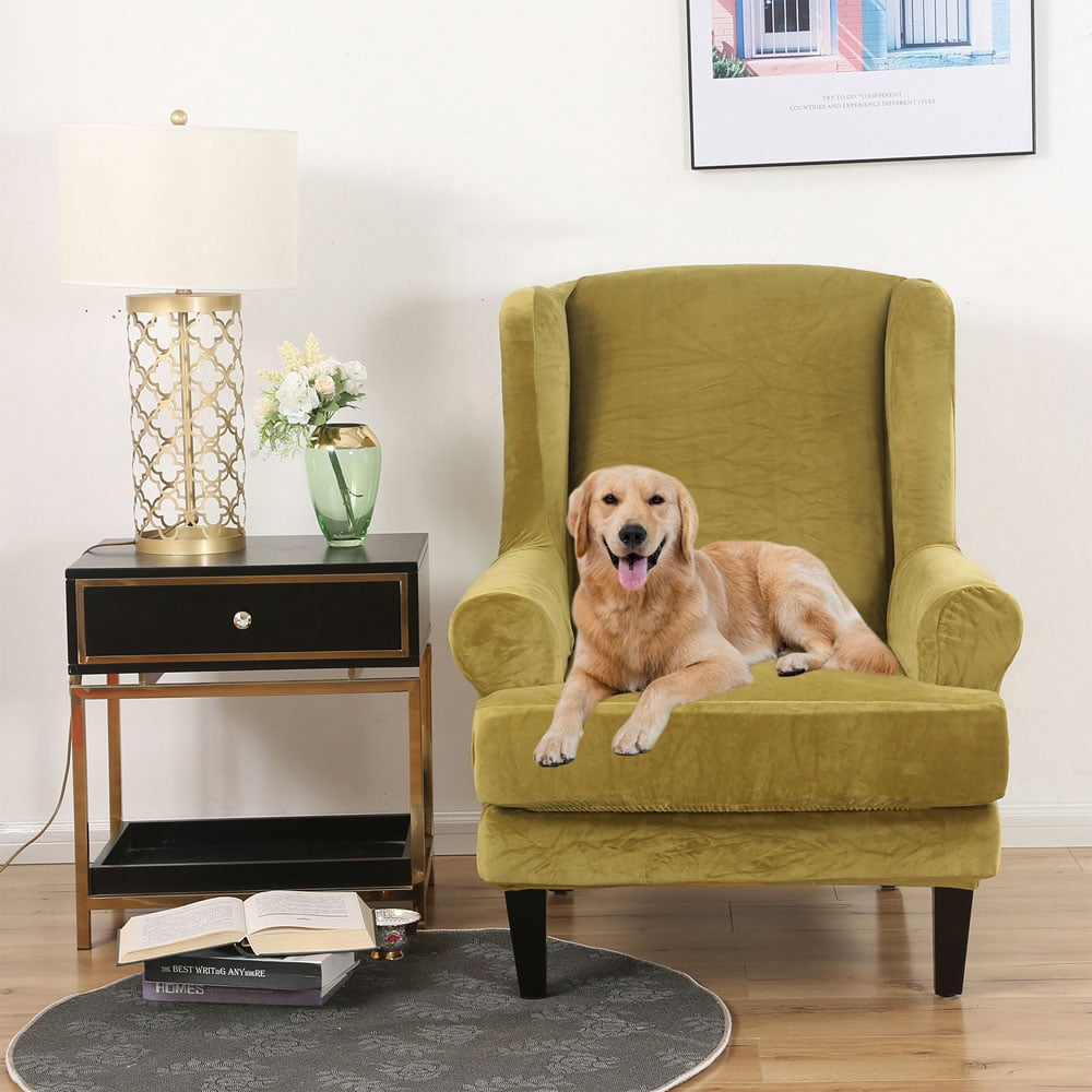 Topchances Stretch Wingback Chair Sofa Slipcover 2-Piece Velvet Plush Sofa Cover Furniture Protector Couch Soft with Elastic Bottom, Light Green