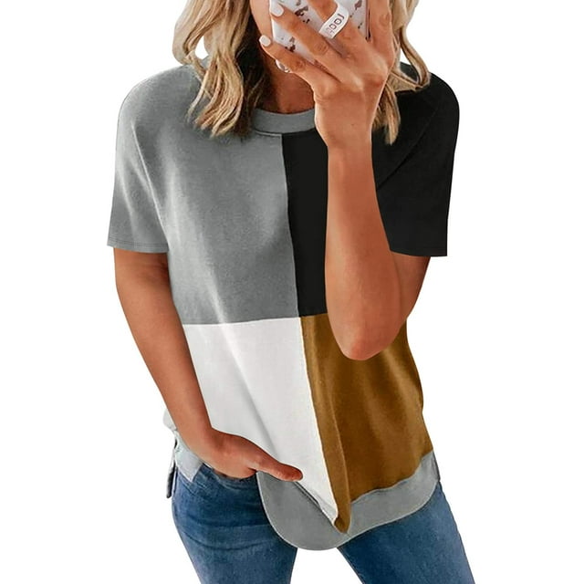 Blouses T-Shirts Décontractées à Manches Courtes à Blocs de Couleur Rayés pour Femmes